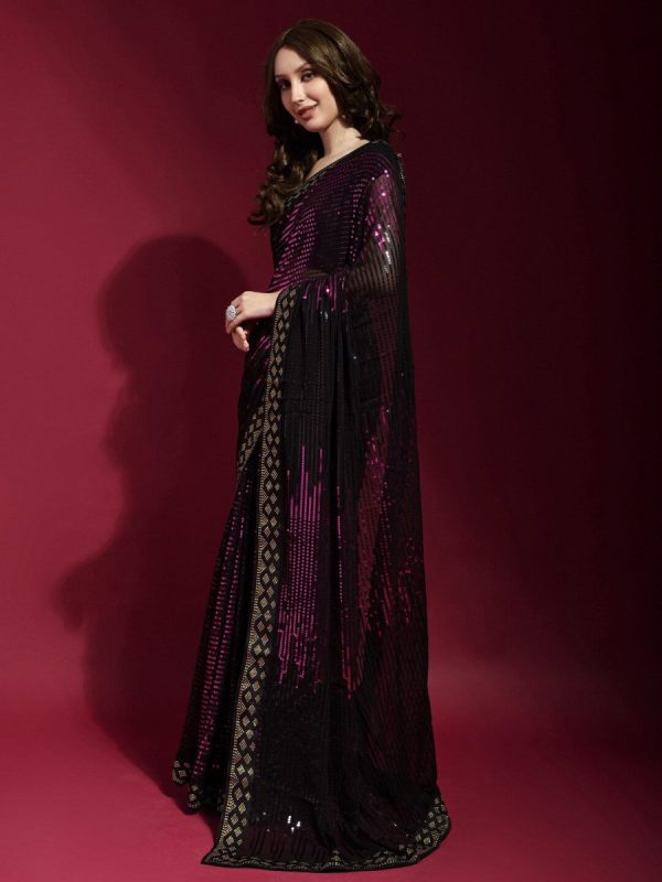 Anouk Black & Pink Embellished Sequinned Pure Georgette Saree Online