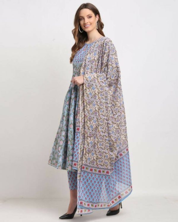 Aastha Fashion Women s Blue Cotton Kalamkari Printed Kurta with Trouser & Dupatta Hot on Sale