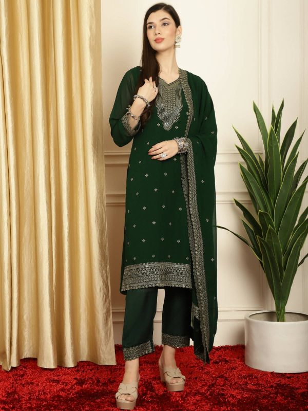 Aastha Fashion Women s Green Georgette Resham Thread & Sequin Kurta with Trouser & Dupatta Discount