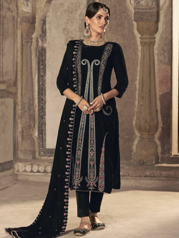 Aastha Fashion Women s Black Velvet Floral Resham Thread with Jari work Kurta with Trouser & Dupatta Sale