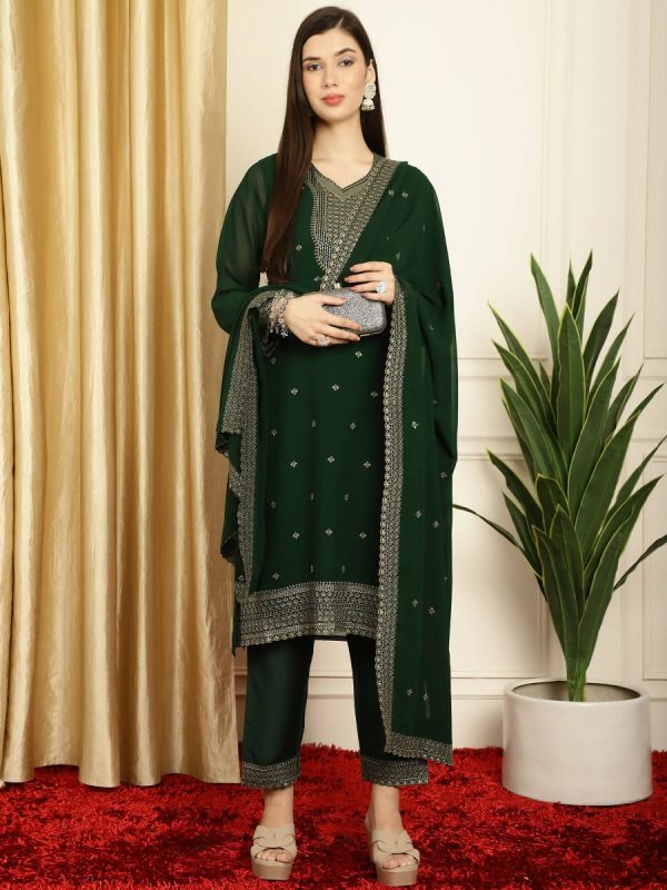 Aastha Fashion Women s Green Georgette Resham Thread & Sequin Kurta with Trouser & Dupatta Discount