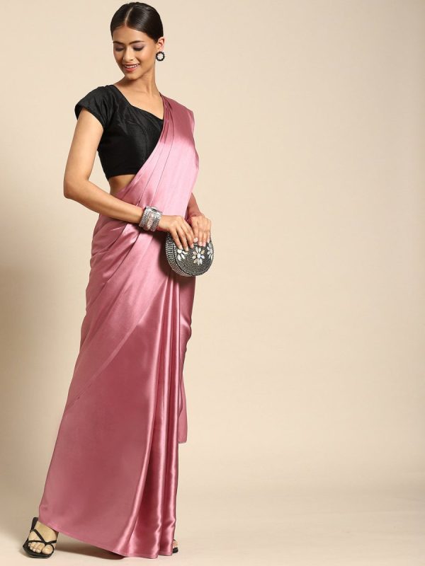 Anouk Pink Satin Solid Saree Online now