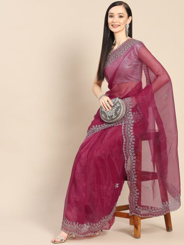 Anouk Pink & Silver-Coloured Sequinned Organza Saree For Cheap