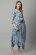 Aastha Fashion Women s Sky Blue Cotton Jaipuri Printed Kurta with Trouser & Dupatta Sale