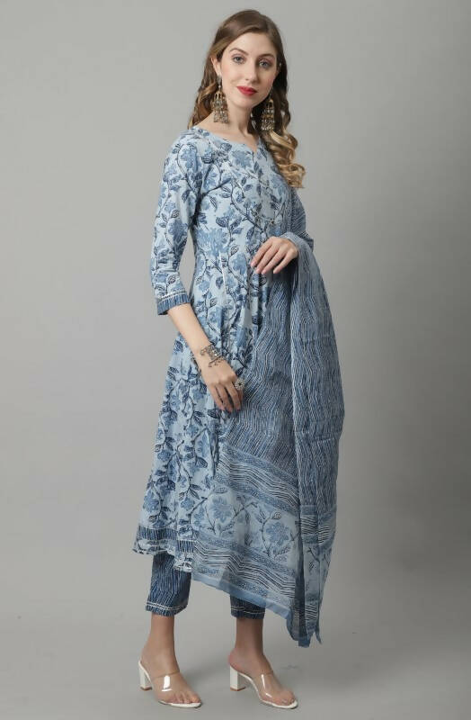 Aastha Fashion Women s Sky Blue Cotton Jaipuri Printed Kurta with Trouser & Dupatta Sale