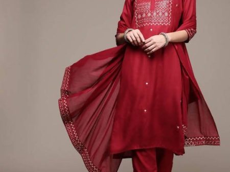 Anubhutee Maroon Floral Embroidered Mirror Work Kurta with Trousers & With Dupatta For Discount