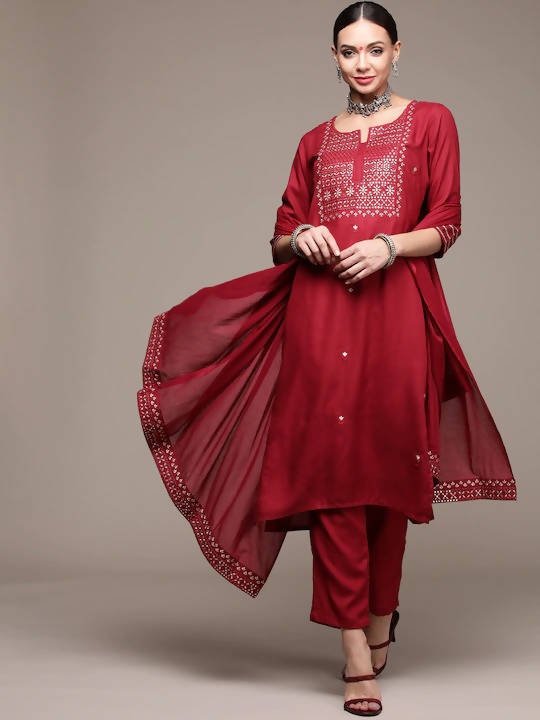 Anubhutee Maroon Floral Embroidered Mirror Work Kurta with Trousers & With Dupatta For Discount