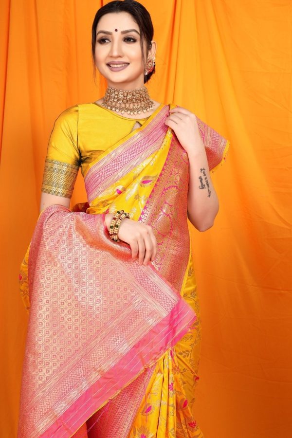 Aastha Fashion Yellow Woven Banarasi Silk Saree with Blouse For Cheap