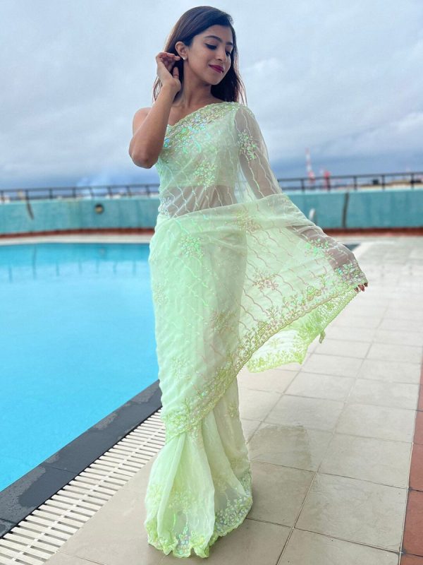 Anouk Green Floral Embellished Sequinned Pure Georgette Saree Fashion