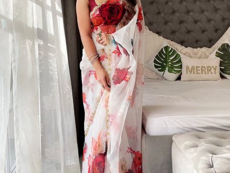 Anouk White & Maroon Floral Printed Organza Saree Cheap