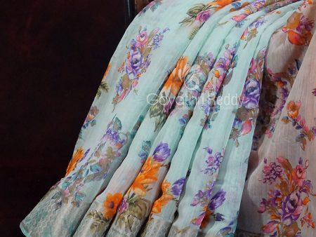 Shades of Sky Blue With Orange Blouse Floral Design Semi Chanderi Saree By Gayathri Reddy Designer Studio Cheap