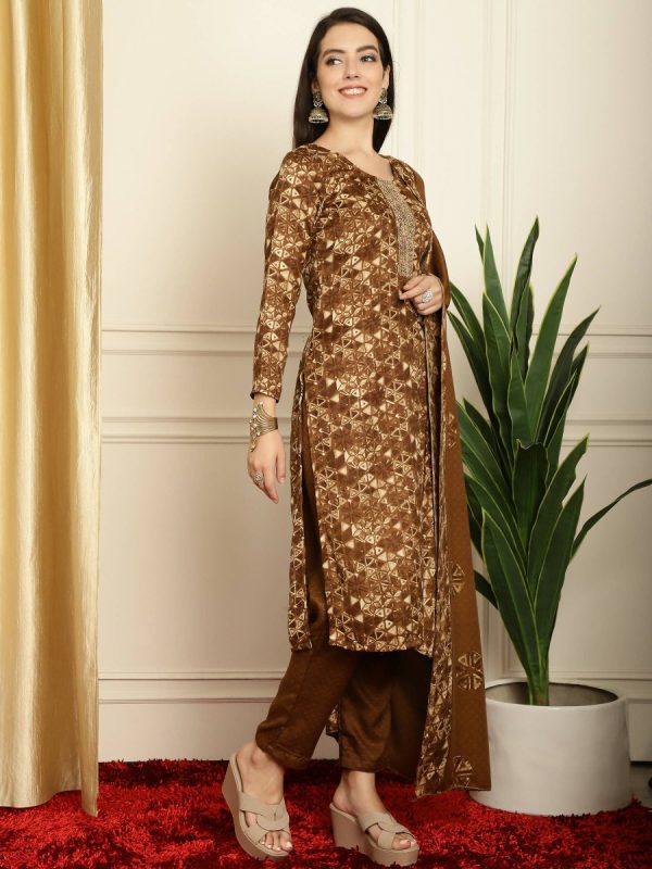 Aastha Fashion Women s Brown Pashmina Floral Digital Printed Kurta with Trouser & Dupatta on Sale