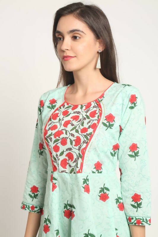 Aastha Fashion Women s Sea Green Cotton Jaipuri Printed Kurta with Trouser & Dupatta Fashion