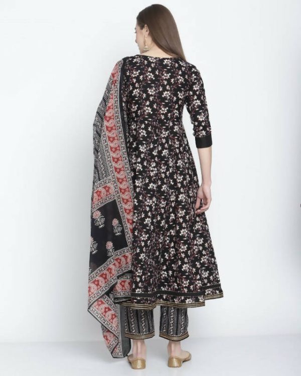 Aastha Fashion Women s Black Cotton Jaipuri Printed Kurta with Trouser & Dupatta For Cheap