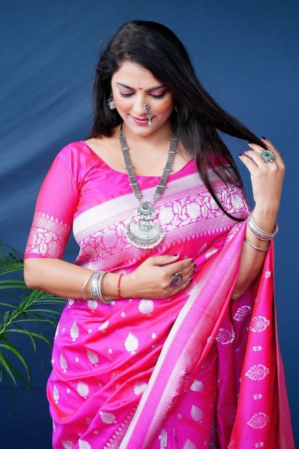 Aastha Fashion Rani Pink Woven Banarasi Silk Saree with Blouse Hot on Sale