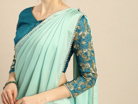 Anouk Sea Green Solid Saree For Cheap