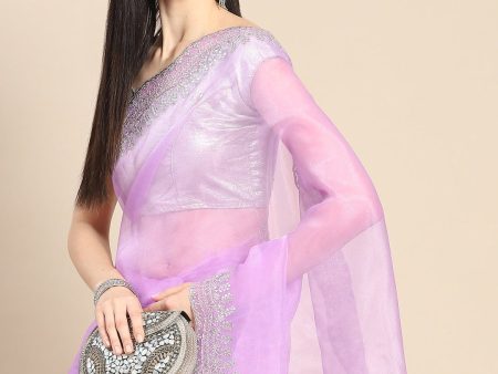 Anouk Lavender & Silver-Coloured Sequinned Organza Saree Hot on Sale