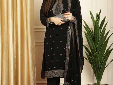 Aastha Fashion Women s Black Georgette Resham Thread & Sequin Kurta with Trouser & Dupatta Hot on Sale