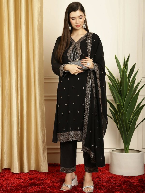 Aastha Fashion Women s Black Georgette Resham Thread & Sequin Kurta with Trouser & Dupatta Hot on Sale