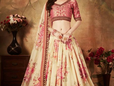 Aastha Fashion Women s Delightful Beige-Peach Floral Print Organza Wedding Wear Lehenga Choli Discount