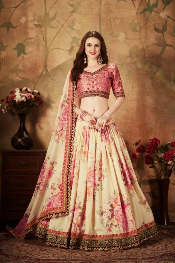 Aastha Fashion Women s Delightful Beige-Peach Floral Print Organza Wedding Wear Lehenga Choli Discount