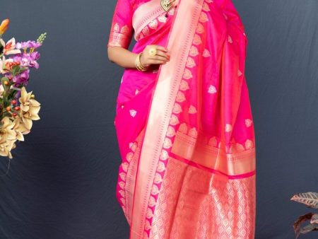 Aastha Fashion Rani Pink Woven Banarasi Silk Saree with Blouse on Sale