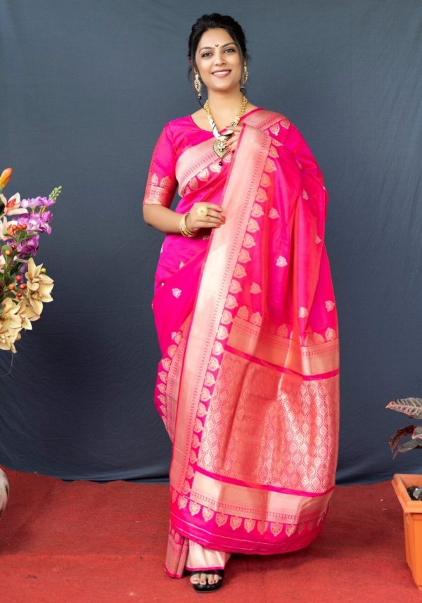 Aastha Fashion Rani Pink Woven Banarasi Silk Saree with Blouse on Sale