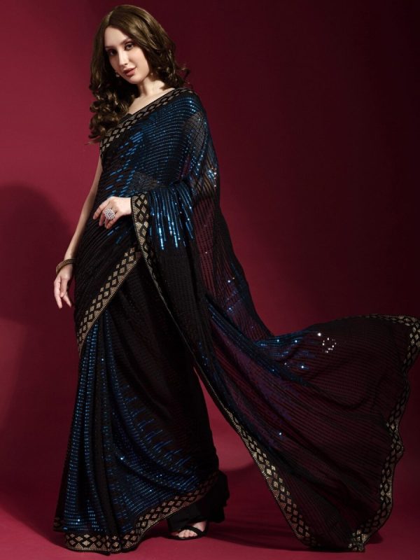 Anouk Black & Blue Embellished Sequinned Pure Georgette Saree Online Hot Sale