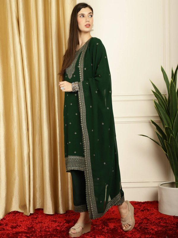 Aastha Fashion Women s Green Georgette Resham Thread & Sequin Kurta with Trouser & Dupatta Discount