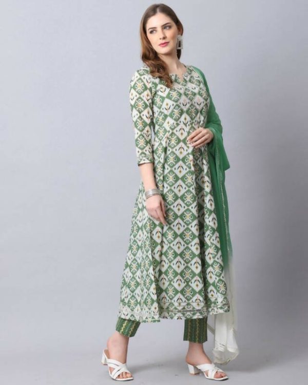 Aastha Fashion Women s Bottle Green Cotton Embroidered Kurta with Trouser & Dupatta on Sale