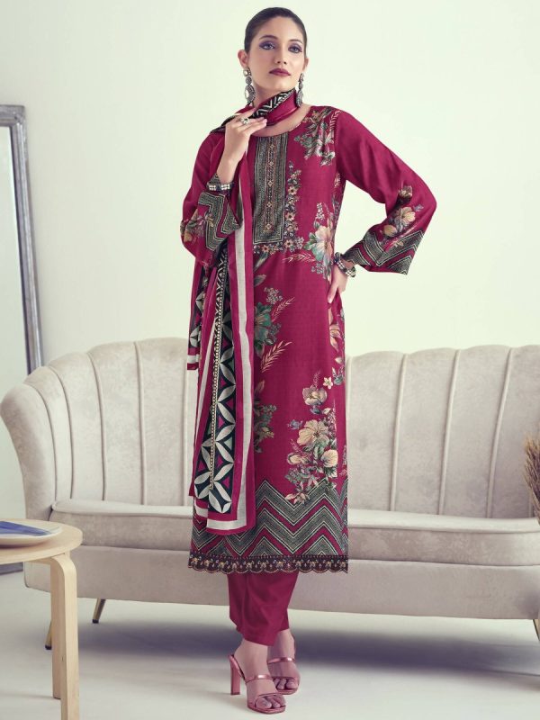 Aastha Fashion Women s Magenta Muslin Floral Digital Print with Resham Thread work Kurta with Trouser & Dupatta Online now