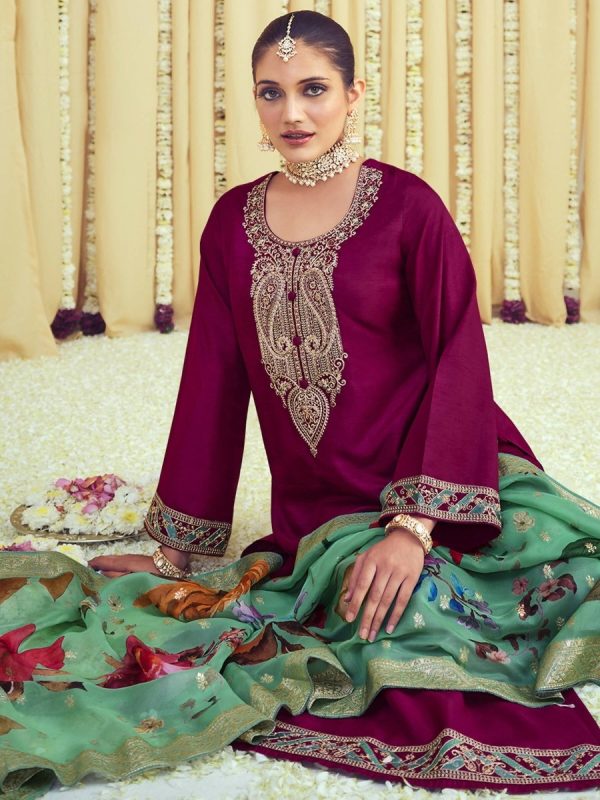 Aastha Fashion Women s Magenta Raw Silk Cording with Resham Thread work Kurta with Trouser & Dupatta Online Hot Sale