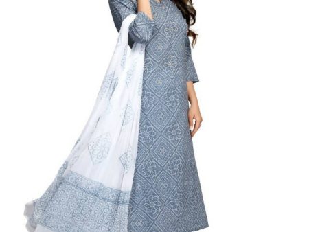 Aastha Fashion Women s Blue Cotton Embroidered Kurta with Trouser & Dupatta Sale