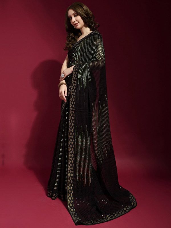 Anouk Black & Gold-Toned Embellished Sequinned Pure Georgette Saree Hot on Sale