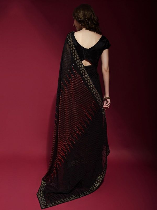 Anouk Black & Red Embellished Sequinned Pure Georgette Saree Online now