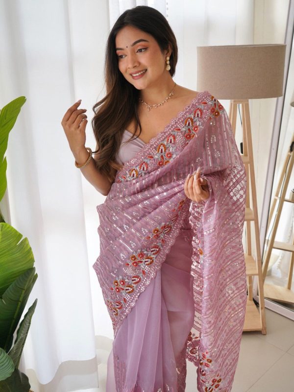 Anouk Mauve-Coloured Ethnic Motifs Embroidered Sequinned Organza Saree Online Sale