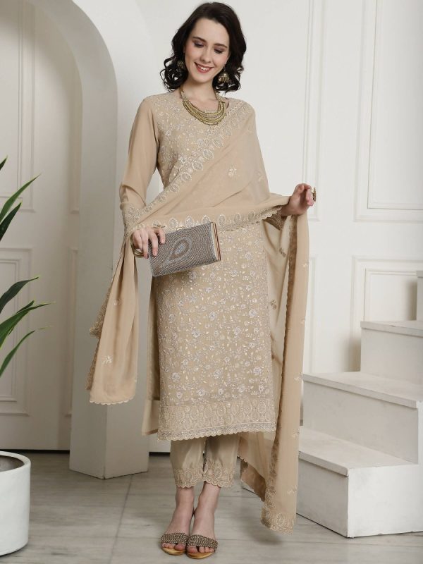 Aastha Fashion Women s Beige Georgette Floral Resham Thread with Cording & Crystal work Kurta with Trouser & Dupatta Cheap