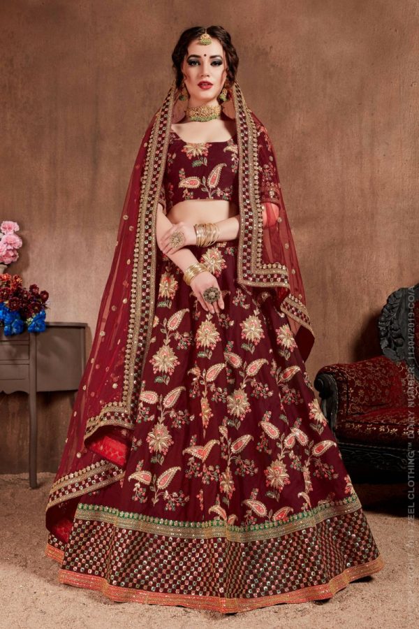 Aastha Fashion Women s Blooming Dark Maroon Colored Bridal Wear Designer Embroidered Lehenga choli Cheap