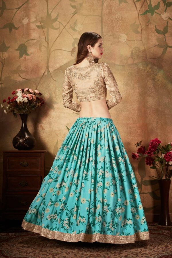 Aastha Fashion Women s Beautiful Sky Blue Sabyasachi Floral Digital Printed Organza Party Wear Lehenga Choli For Discount