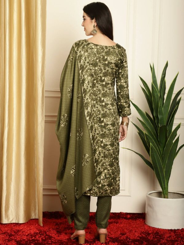 Aastha Fashion Women s Green Pashmina Floral Digital Printed Kurta with Trouser & Dupatta Fashion