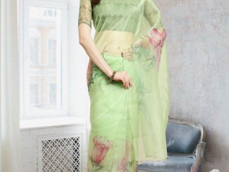 Aastha Fashion Women s Sea Green Digital Printed Organza Saree with Blouse For Discount