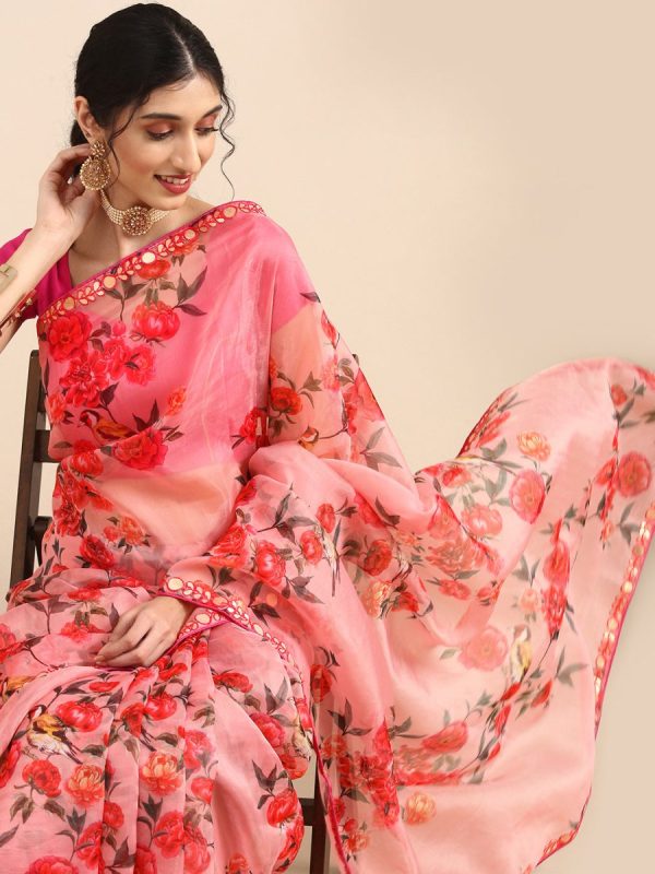 Anouk Pink Floral Printed Organza Saree Online Hot Sale