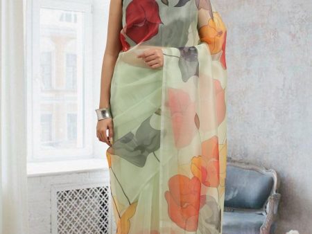 Aastha Fashion Women s Multicolor Digital Printed Organza Saree with Blouse Online Sale