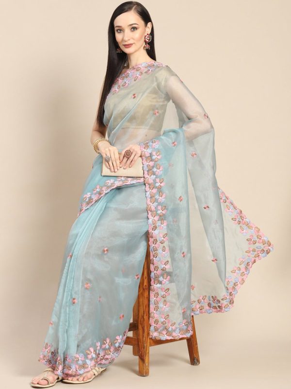 Anouk Blue & Pink Floral Organza Saree Fashion