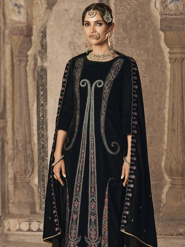 Aastha Fashion Women s Black Velvet Floral Resham Thread with Jari work Kurta with Trouser & Dupatta Sale