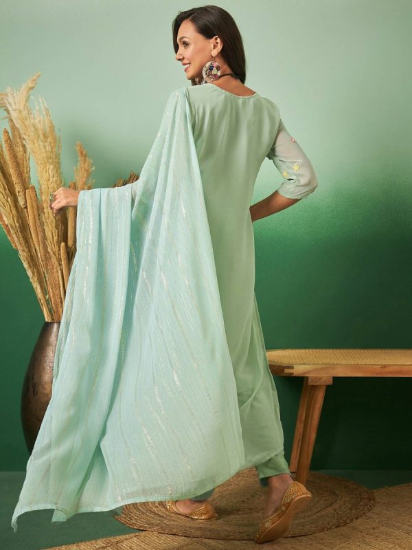 Aqua Blue Georgette Handwork Unstitched Dress Material - Hanika Online