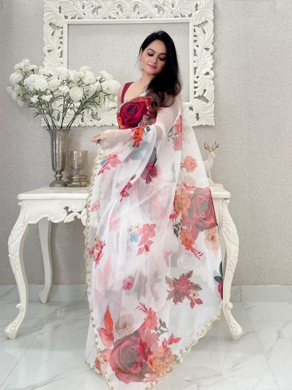 Anouk White & Maroon Floral Printed Organza Saree Cheap