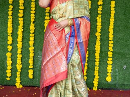 Aastha Fashion Sea Green Woven Kanchipuram Silk Saree with Blouse Online now