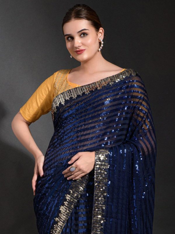 Anouk Navy Blue & Gold-Toned Embellished Sequinned Pure Georgette Saree For Cheap