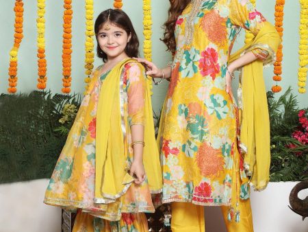 Yellow Multi Printed A- LINE Kurta Set For Women & Angrakha Anarkali Kurta Set For Girl - Bhama Discount